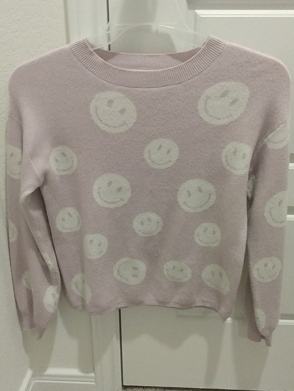 cupcakes & cashmere Lavender Crewneck Sweater with White Smiley Pattern